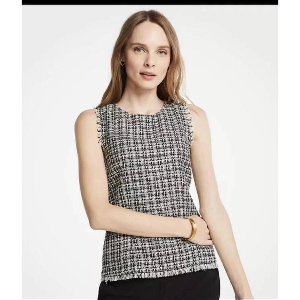 NWT Ann Taylor Black White Tweed Fringe Sleeveless Shift Dress Size 8